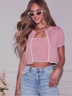 Vici Pink Cropped Twinset with Contrast Trim